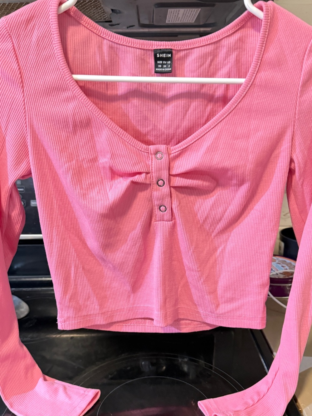 SHEIN Pink Ribbed Long Sleeve Scoop Henley Top